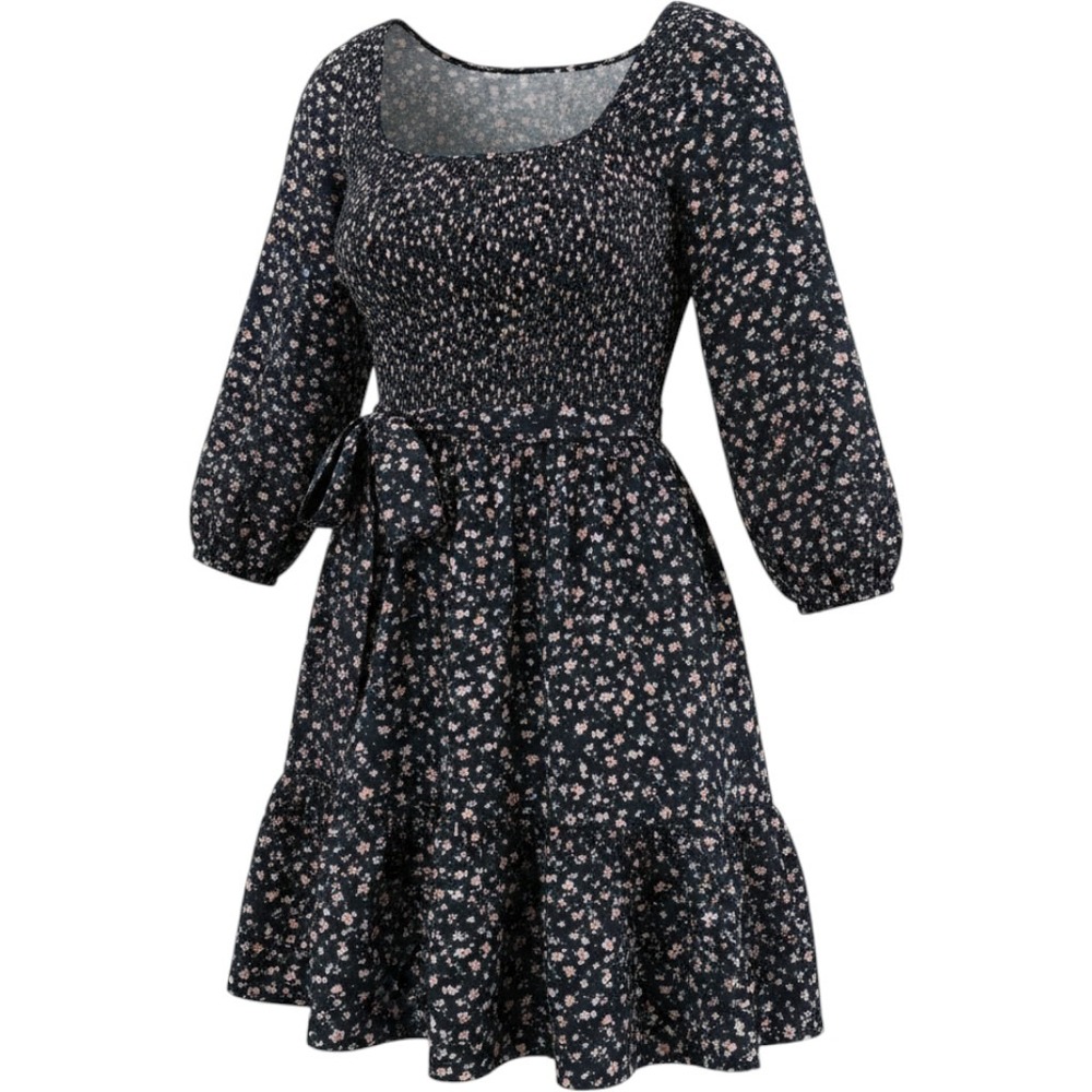 Saltwater Luxe Floral Smocked Mini Dress Long‎ Puff Sleeve Ruffle Hem Black Med